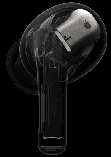 La imagen muestra una vista transparente del controlador y el amplificador especialmente desarrollados en el interior de los AirPods Pro.